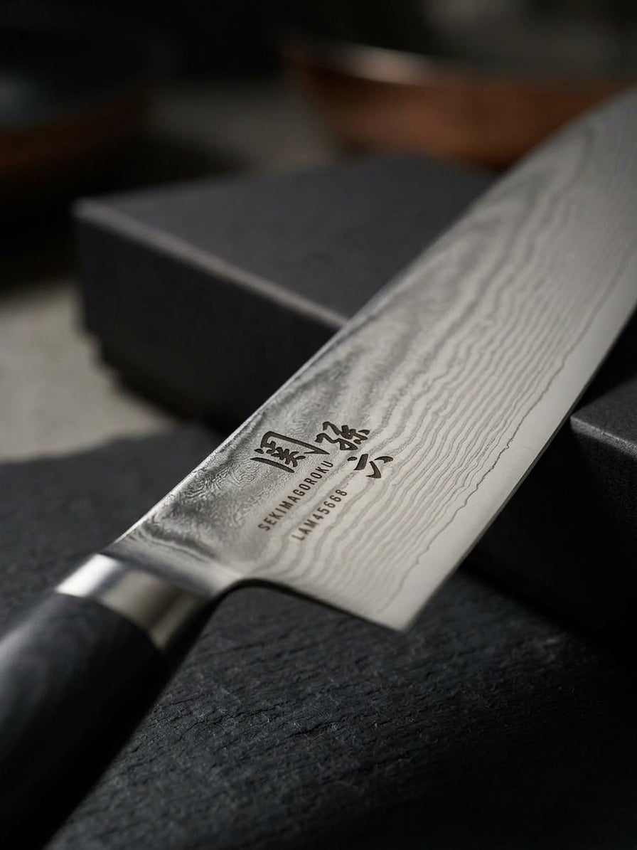 Detail of the blade and bolster of the 21 cm Damascus gyuto knife.