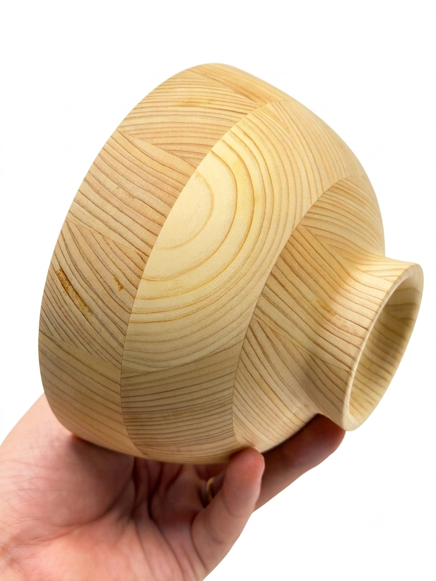 Bol Hikiyose en bois tourné, tenu en main, mettant en valeur la texture du bois