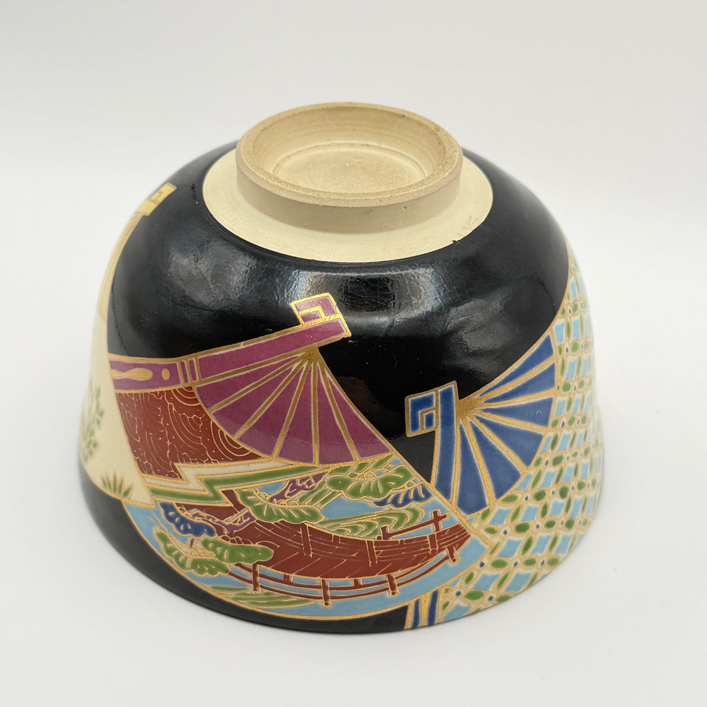 Bol à Matcha Décor d'Éventails et Paysages Dorés